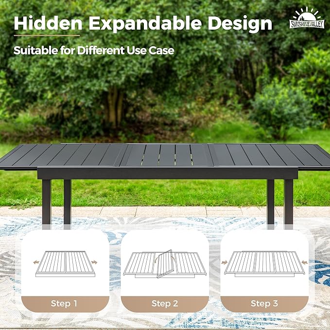 9 Pieces Patio Dining Set, 8 x Woven Rattan Chairs with Waterproof Cushion, 84" Extendable Rectangular Dining Table, Outdoor Table and Chairs Set for Backyard Lawn and Deck, Beige