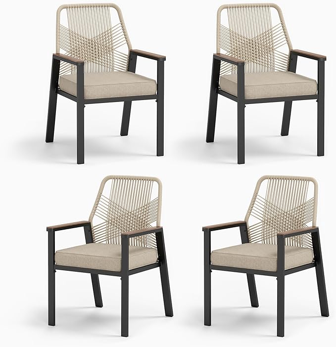 Patio Wicker Chair Sets of 2, Outdoor Dining Chairs with 3.1 inch Seat Cushions, Sturdy Metal Frame & Wood Grain Armrest, Beige