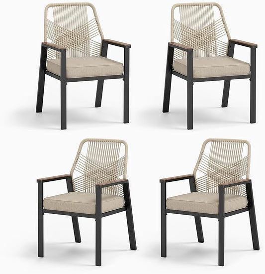 Patio Wicker Chair Sets of 2, Outdoor Dining Chairs with 3.1 inch Seat Cushions, Sturdy Metal Frame & Wood Grain Armrest, Beige