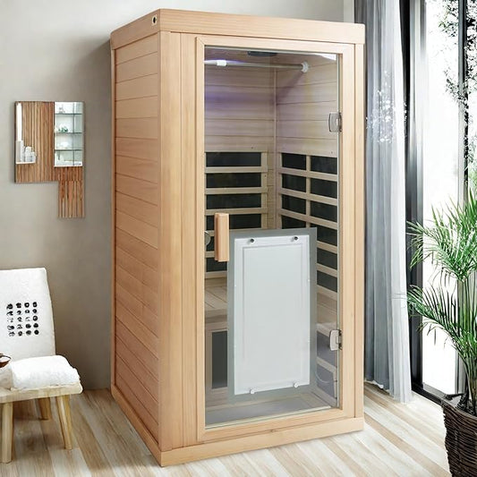 Infrared Sauna for Home One Person Far Infrared Hemlock Standard Indoor Sauna Room with Bluetooth Audio, Reading Light, Natural