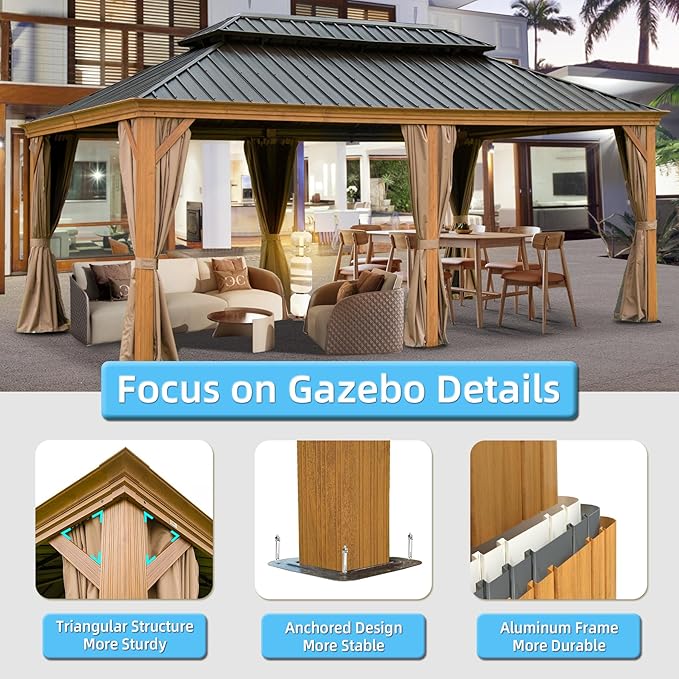 Domi Outdoor Living 12’x20’ Hardtop Gazebo, Wooden Coated Aluminum Frame Canopy with Galvanized Steel Double Roof, Outdoor Permanent Metal Pavilion with Curtains and Netting for Patio, Deck and Lawn