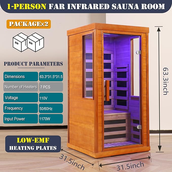 Far Infrared Saunas for Home, 1 Person Sauna Indoor Okoume Wood 1170W Low Emf Dry Sauna Room with Bluetooth Audio, 7 Heaters Panels and Tempered Glass Door (Red, 31.5" * 31.5" * 63.3")