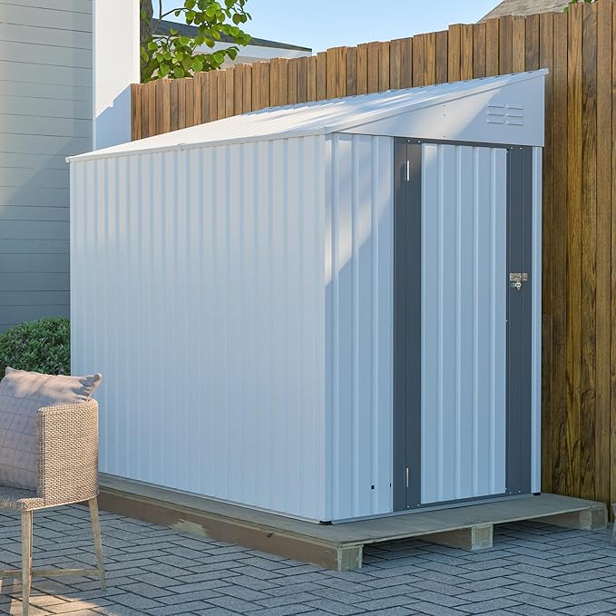 4x8 FT Outdoor Storage Shed,Lean to Lockable Metal Garden Shed Steel with Reinforced Beams,All Weather Waterproof Storage House W/Lockable Door&2 Air Vents,for Backyard,Patio,Lawn,Garden,White