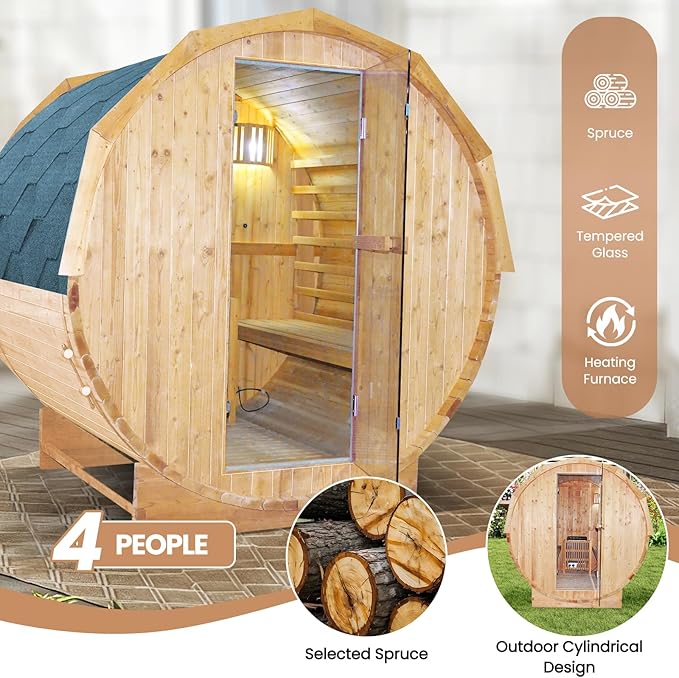 Outdoor Barrel Sauna 4 Person Traditional Steam Sauna 220V Wood Personal Spa Room with 4.5KW Heater Thermometer Hourglass Cup Holders 59''x74.21"x75.85"