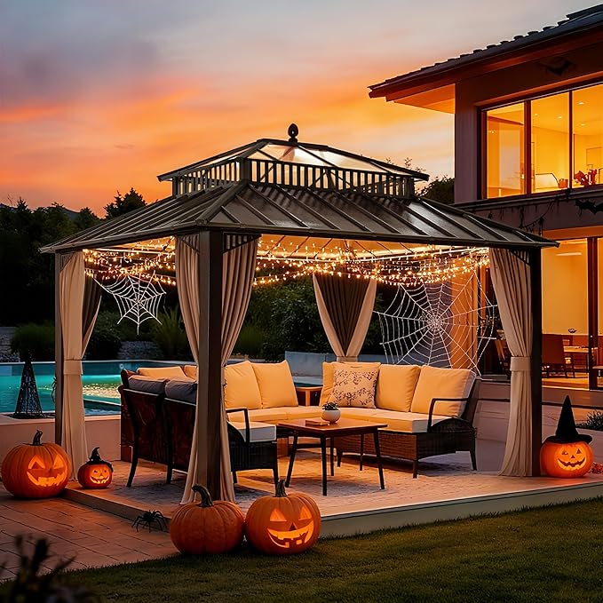 SUNJOY Kingston 12' x 10' Hardtop Gazebo with Galvanized Steel/Polycarbonate Double Roof, Curtain and Netting, Brown Aluminum Posts Permanent Pavilion Gazebo for Garden, Patio, Deck, Lawn