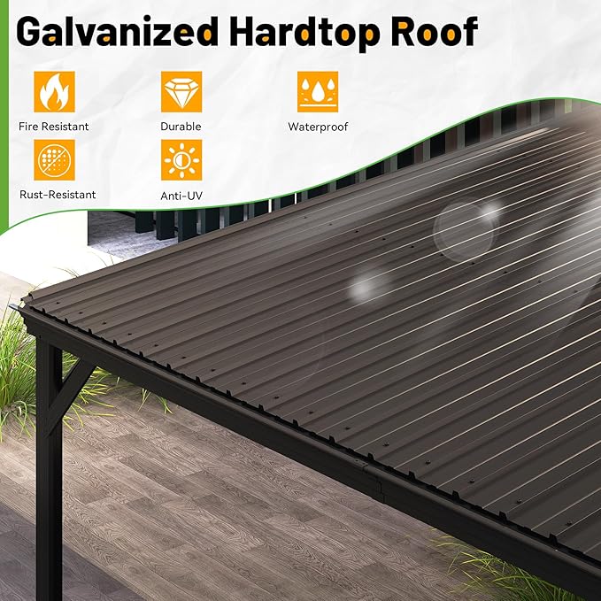 12x20FT Lean to Gazebo, Outdoor Hardtop Wall Mounted Gazebo with Gutter & Sloping Galvanized Steel Roof, Metal Hard Top Awnings for Deck, Porch, Backyard -Brown