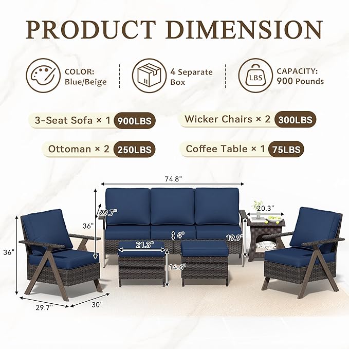 6 Piece Patio Furniture Set, Wicker Patio Conversation Set with Patio Chair and Outdoor 3-Seater Sofa and 2 Ottomans and Side Table for Deck Yard and Poolside