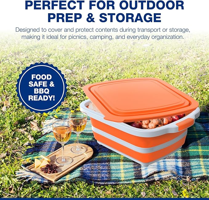 2-Pack XL Collapsible BBQ Prep Tub with Built-In Cutting Board, Lid & Strainer – Marinate, Drain & Prep – Large Food-Safe Container – Perfect for Grilling, Smoking & Outdoor Cooking
