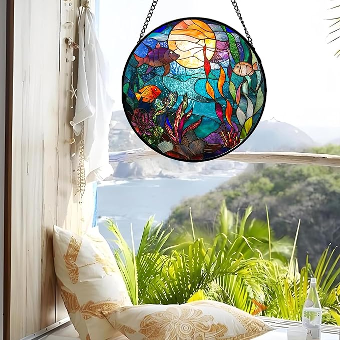 Stained Glass Window Hanging - Blue Ocean World Small Fish Coral Sun Catcher for Door Garden Home Decor Sea Suncatcher Christmas Mother's Day Birthday Gifts for Women Men Mom Nana 7.8 in