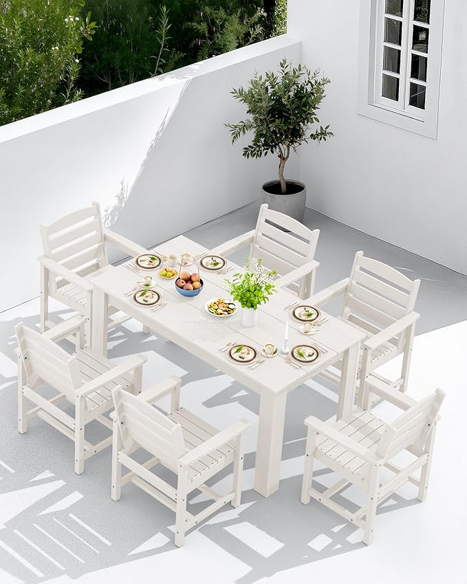 SERWALL Patio Dining Set for 4, Outdoor Dining Sets for 4 Person with 1 Umbrella Hole Cut-Out Rectangular Table and 4 Chairs, HDPE Dining Sets for Garden, Backyard, Poolside, White