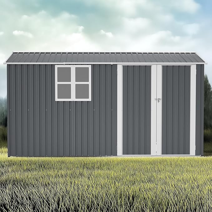 8x12 FT Storage Shed Outdoor, XL Heavy-Duty Steel Building with Window – Features Hinged Gray Doors & 4 Air Vents for Backyard, Garden, Patio, with Floor Frame (Gray)