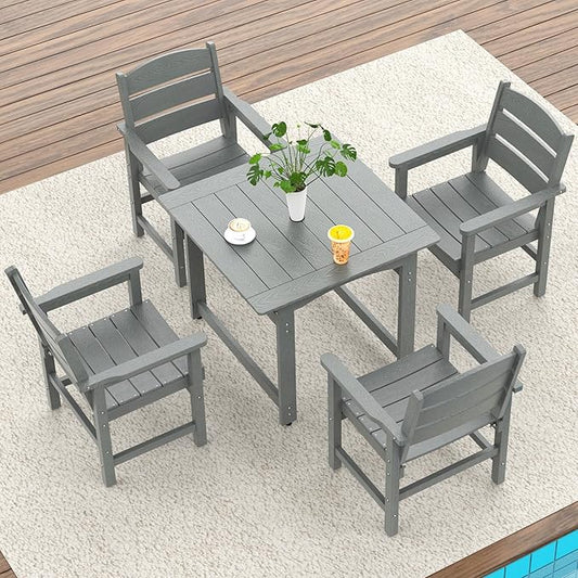 5-Piece HIPS Patio Dining Set, Outdoor Dining Table and Chairs Set with Umbrella Hole, Weatherproof Dining Table Set for 6 Person, Patio Furniture Set for Outside Deck, Grey