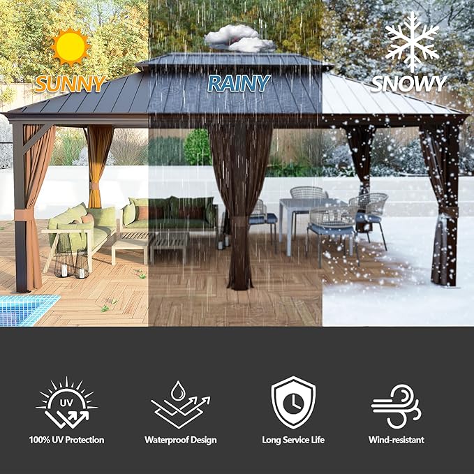 12' x 18' Outdoor Hardtop Gazebo Aluminum Frame with Double Metal Roof, Canopy Netting, Curtain, Patio Permanent Galvanized Steel Gazebo for Backyard, Garden, Party, Deck, Lawn