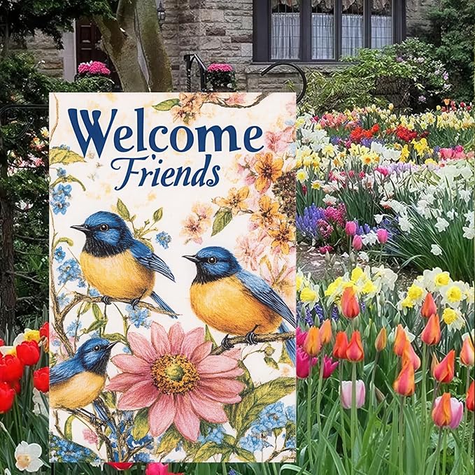 Garden Flag Hello Spring Yard Flag Garden Decoration 12x18 Inch Double Sided Welcome Friends Bluebirds Floral Design Outdoor Yard Banner for Spring and Summer Decoration