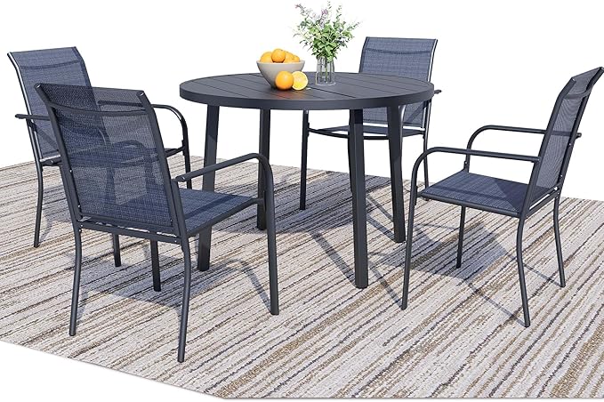 5 Pieces Round Dining Table Set for 4, Patio Dining Set Includes 4 Dark Blue Stackable Patio Chairs and 1 Black Round Table, Patio Furniture Setss with Sling Support for Outside, Garden