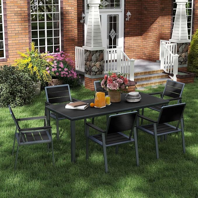 7-Piece Patio Dining Set with 11 FT Curvy Cantilever Umbrella, HDPE Tabletop & Aluminum Frame All-Weather Outdoor Furniture for Garden, Backyard, Poolside, Black