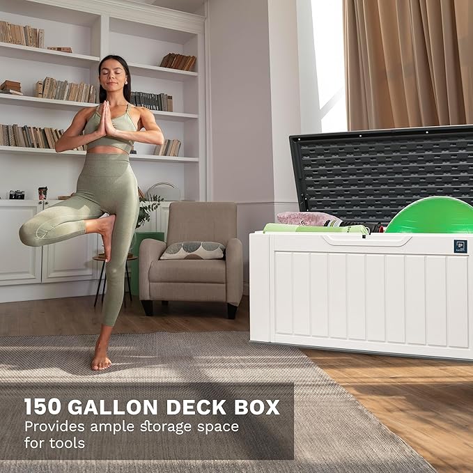 230 Gallon Large Outdoor Storage Box, Durable Deck Boxes Outdoor Waterproof, Resin Waterproof Deck Box for Patio Furniture Outdoor Cushions Garden Tools and Pool Storage (White, 150Gallon)