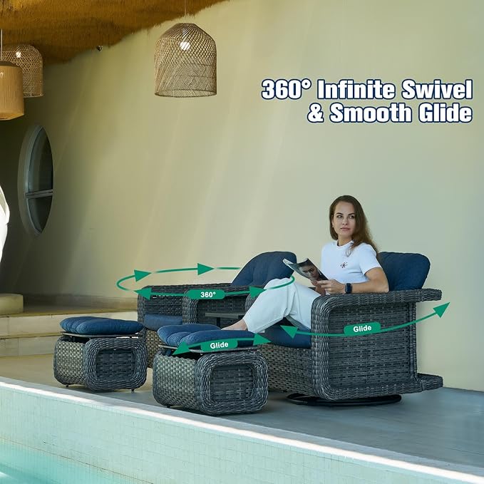 Patio Glider Swivel Rocker Sets: 5piece Patio Furniture Sets, 360° Swivel Rocking Chairs with Ottoman, Rust-Resistant Cushion -Perfect for Backyard/Deck/Porch/Balcony Decors- Gray Wicker,Blue Cushion