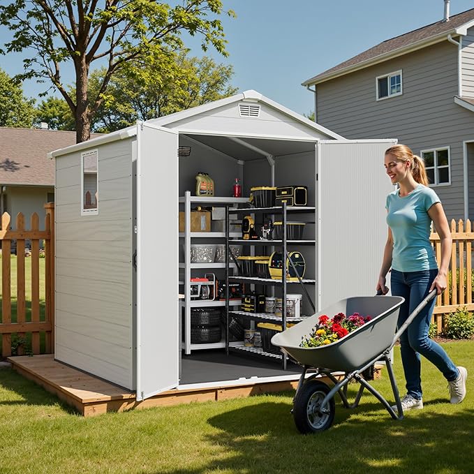 Greesum 6x6FT Plastic Outdoor Storage Shed with Floor, Resin Sheds with Lockable Double Door, Window & Vents, All-Weather Tool Sheds for Garden, Backyard, Patio, Light Gray