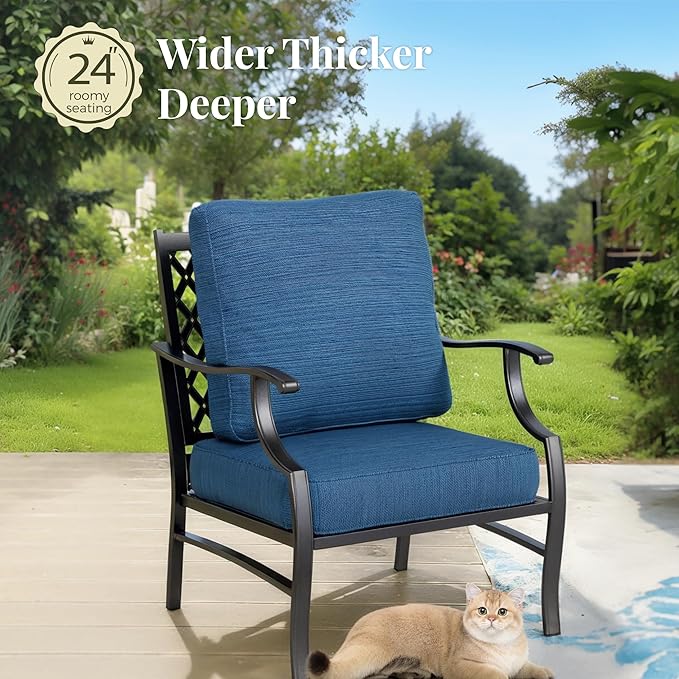 Patio Furniture Set 7 pcs, Outdoor Patio Furniture, 3-Seat Sofa, 2 Swivel Chairs, 2 Single Chairs, 2 Ottomans and 5.75" Extra Thick Cushion, Conversation Set for Deck,Gemstone Blue
