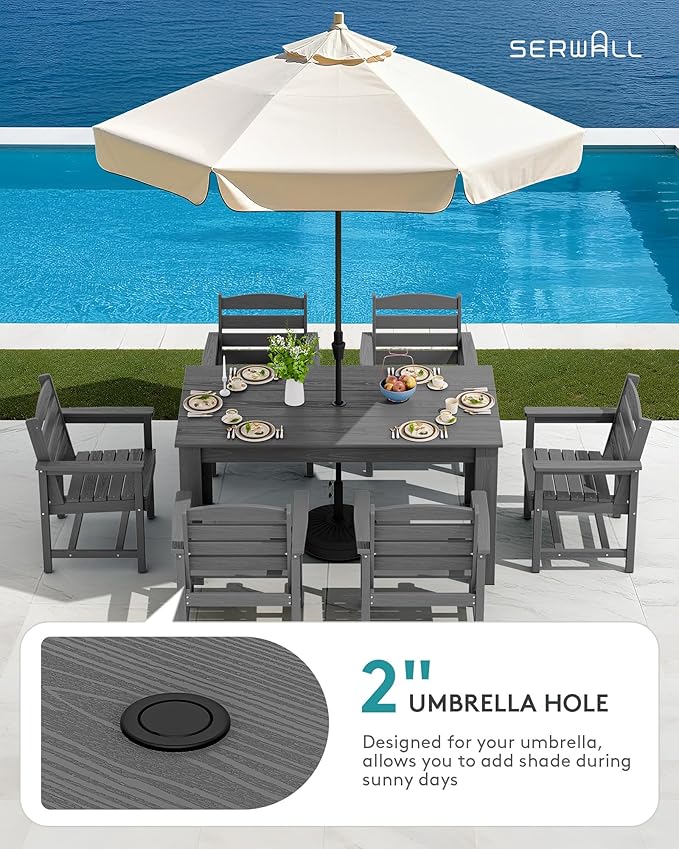 SERWALL Patio Dining Sets for 8, Outdoor Dining Sets for 8 Person with 2 Umbrella Hole Cut-Out Rectangular Tables and 8 Chairs, HDPE Dining Sets for Garden, Backyard, Poolside, Gray