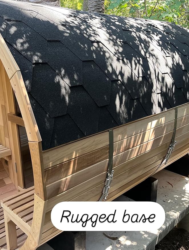 Outdoor Barrel Steam Sauna with Porch, Canadian Red Cedar Sauna 6 Person, 6KW ETL Toule Heater, 220V, Waterproofing System with Saunas Stones, Asphalt Shingles, Rubber Base(0-195℉)