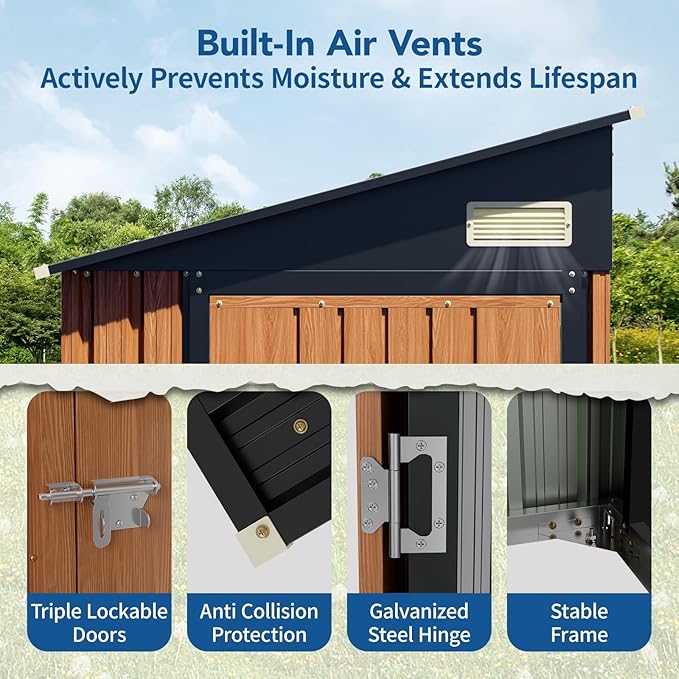 8x4 Ft Outdoor Metal Shed, Storage Shed with Updated Frame Structure & Triple Lockable Doors, Large Garden Tool Shed for Backyard, Patio, Lawn & Utility Storage