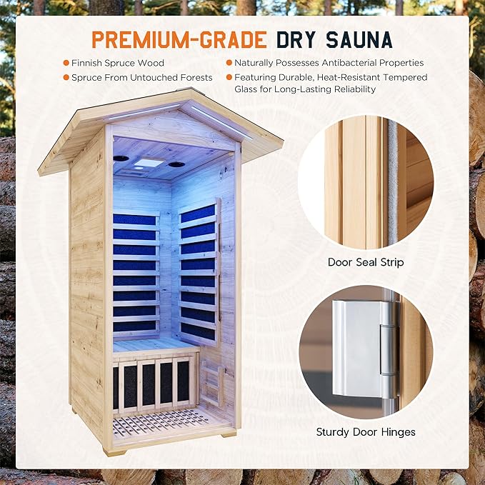 Albott Outdoor Sauna 1 Person, Infrared Saunas for Home, Low EMF 1245W/110V Spruce Wood Dry Sauna with Tourmaline Stone Foot Warmer, 7-Color Light Therapy & 2 Bluetooth Speakers, 33.5"x35.4"x78.7"