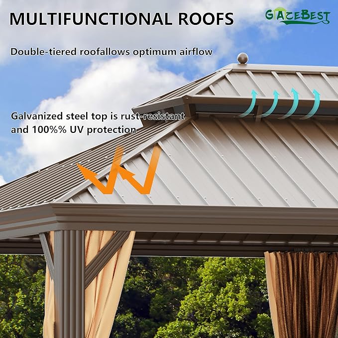12' X 18' Hardtop Gazebo, Aluminum Wood-Looking Frame Outdoor Permanent Galvanized Steel Double Roof Pavilion Pergola Canopy with Privacy Curtains for Garden, Patio, Backyard, Deck and Lawns.