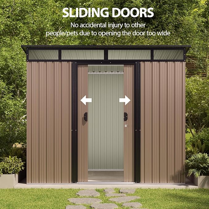Gizoon 7.4'x5.3' Outdoor Storage Shed Metal Garden Shed with Sliding Lockable Doors, Versatile Tool Bike Shed with Transparent Panel Windows, Outdoor Storage Clearance for Backyard, Patio, Light Brown