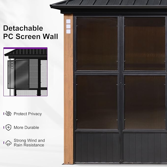 PURPLE LEAF 12' X 16' Patio Hardtop Gazebo Double Top Outdoor Screen House Aluminum Solarium Backyard Sun Room with Detachable Windows and 24 Solar String Light