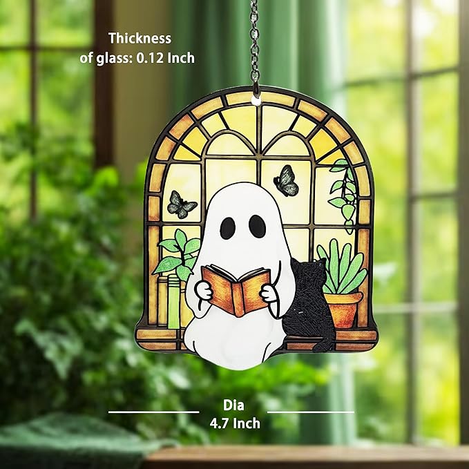 Ghost Black Cat Suncatcher, Ghost Reading Book Halloween Decor