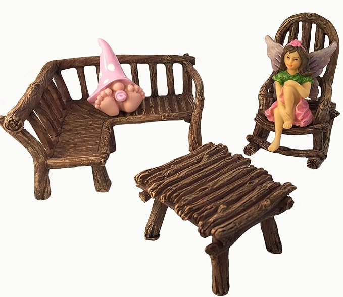 GlitZGlam Miniature Fairy Garden Furniture 3-Piece: Rustic Wood Bench, Rocking Chair and Miniature Table for The Garden Fairies
