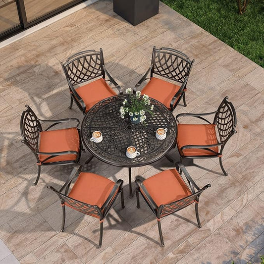 PURPLE LEAF Patio Dining Set Cast Aluminum 7-Piece Patio Furniture Set with 6 Dining Armchairs and 47" Round Table, 6 Cushions Included, for Lawn Yard Garden, Rhombic Brick Red Outdoor Dining Set