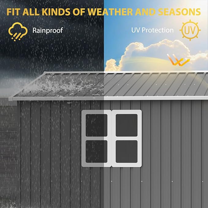 12x10 FT Shed Outdoor Storage Metal Large Garden Tool Sheds with Window Lockable Doors Sloping Roof Floor Frame Waterproof Steel Utility Equipment Shed for Backyard Patio Lawn Poolside, Grey