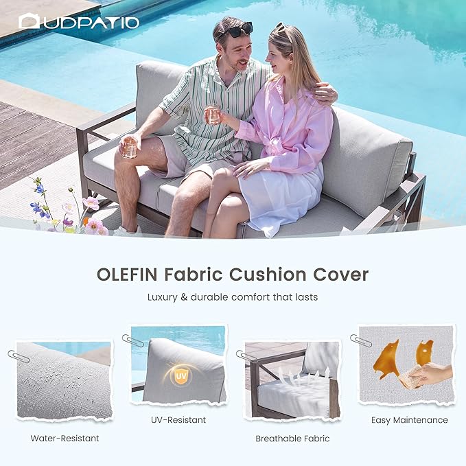 UDPATIO 4 Piece Faux Wood Aluminum Patio Furniture Set Modern Outdoor Furniture Patio Conversation Sets with Coffee Table for Balcony, Backyard, 600D Waterproof Cover Included, Light Grey