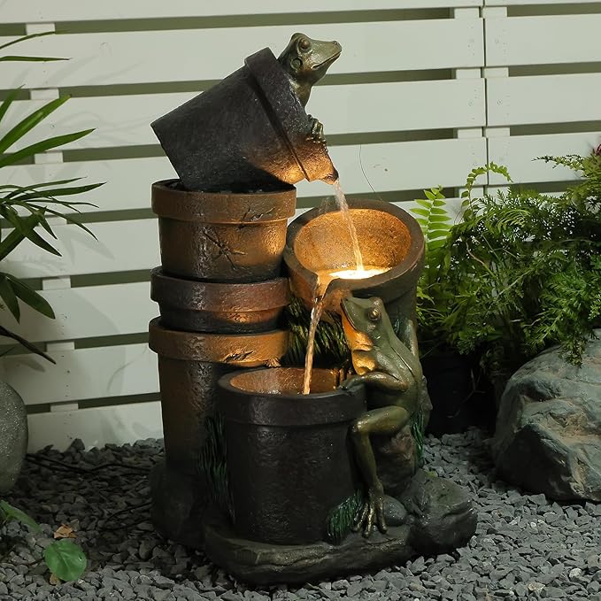 27.2''H Garden Fountains Outdoor Water Fountain,3 Tier Cascading Barrel Frog with LED Lights & Pump for Farmhouse Patio Yard Deck Home Lawn Porch House Decorations