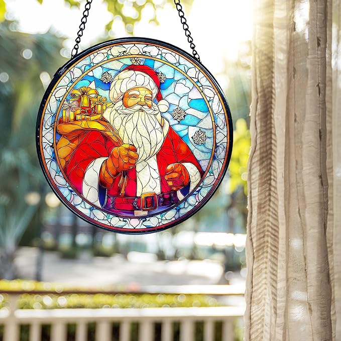 kdqua Christmas Santa Suncatcher Stained Glass Window Hanging, Winter Xmas Santa Claus Sun Catchers Indoor Window Glass Round Wall Decor, Christmas Wall Art Hanging Decorations Statues, 7.9x7.9in