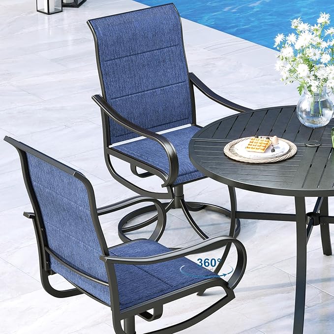 MFSTUDIO Outdoor Swivel Patio Dining Chairs Set of 2, High Back Padded Textilene Patio Chairs for Balcony, Backyad, Deck, Garden (Padded Navy Fabric,Black Frame)