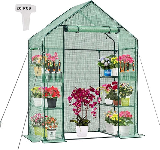 Walk-in Greenhouse 3 Tiers 6 Shelves Roll-Up Zipper Door -28x56x76 inch PE Greenhouse Cover for Outdoor Plant Gardening Plants Cold Frost Protection Wind Rain Proof(PLGHW001G-N)
