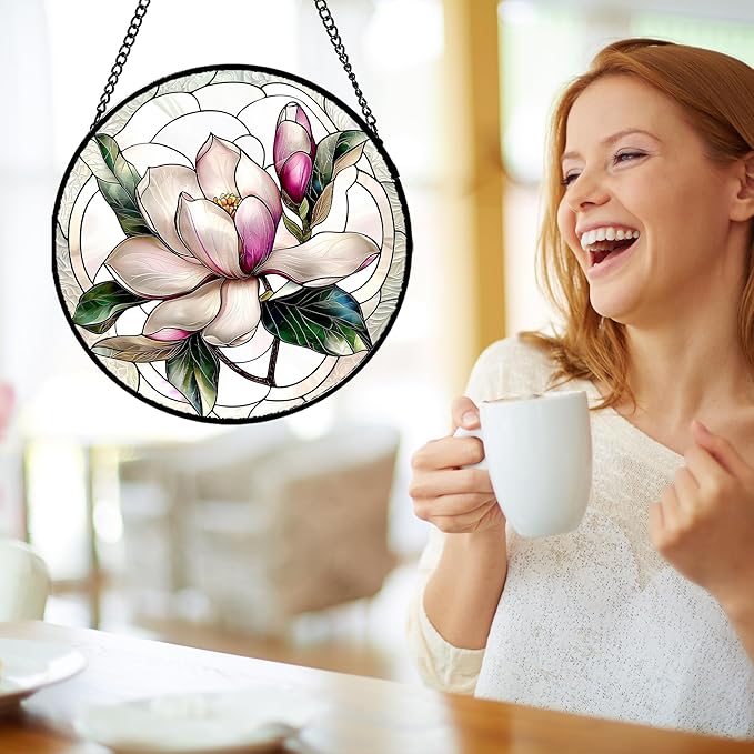 Stained Glass Window Hanging - Pink Magnolia Flower Petal Suncatcher for Doors Window Home Sun Catchers Decor Christmas Mother's Day Birthday Gifts for Teacher Women Men Mom Nana 7.8 in