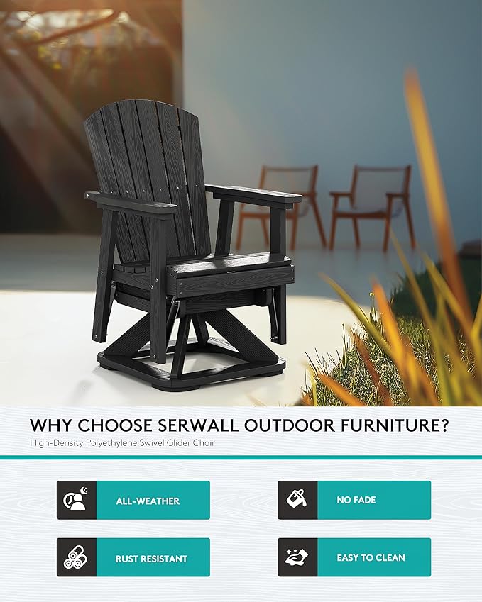 SERWALL Adirondack Swivel Glider Chair, HDPE Patio Swivel Glider for Outdoor, All-Weather Glider Chair for Porch, Balcony, Obsidian Black