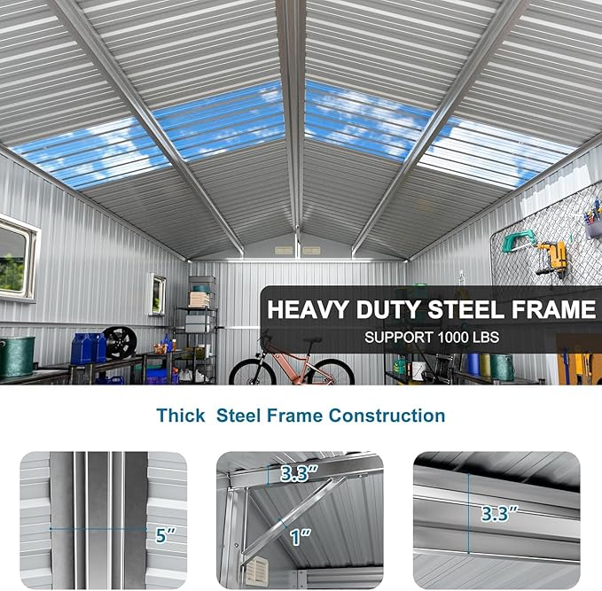 10x10 FT Metal Outdoor Shed with Floor Base Waterproof Large Tool House with Unique Clear Roof Skyview Windows Air Vents Door for Garden Patio Backyard Storage Lawnmower,Garage,Dark Grey
