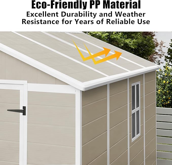 Outdoor Shed 5x3/6x4/7x7/8x6/8x10/8x12 FT, 15MM Thick PP Resin Plastic Shed with Lockable Door & Floor - Waterproof Plastic Tool Shed for Bike, Garbage Can, Backyard, Patio ﻿ ﻿ (Light Brown, 7x7FT)