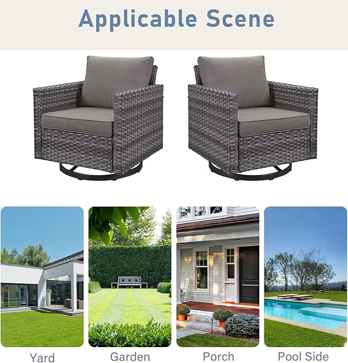 Luxury Outdoor Swivel Rocker Patio Chairs Set of 2, Swivel Patio Chairs for Porch, Yard, Deck, Poolside, Grey/Grey