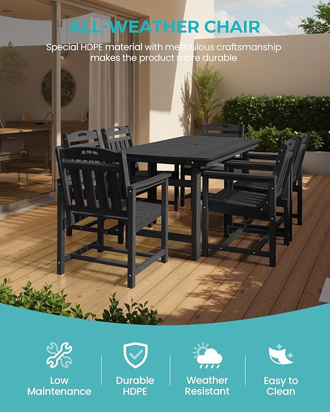 HDPE Outdoor Patio Dining Set with Table & 6 Chairs, All-Weather 7-Piece Outdoor Table and Chairs, 2" Umbrella Hole, Patio Furniture for Garden, Backyard, Deck | Matte Black