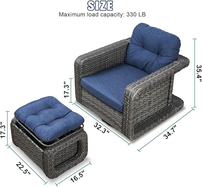 Patio Glider Swivel Rocker Sets: 5piece Patio Furniture Sets, 360° Swivel Rocking Chairs with Ottoman, Rust-Resistant Cushion -Perfect for Backyard/Deck/Porch/Balcony Decors- Gray Wicker,Blue Cushion