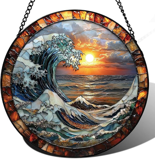 The Ocean Waves and The Sunrise Suncatcher -7.9 in Stained Glass Window Hanging Sun Catcher Garden Decor