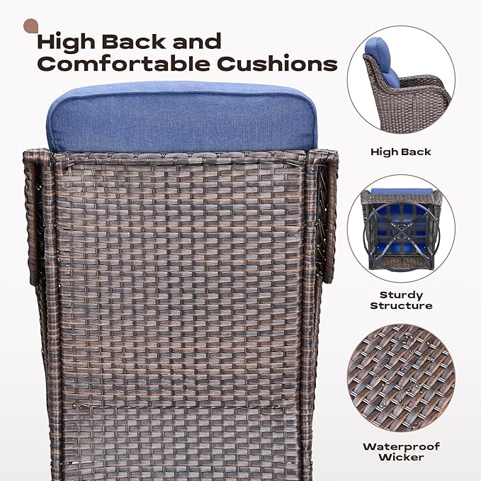 Rilyson Outdoor Patio Swivel Rocker Chairs Set of 2, Waterproof Wicker, High Back, Deep Seating, Wide Armrest, Upgraded 6 inch Thick Cushions, Side Table, Ideal for Deck Porch Yard, Brown/Blue
