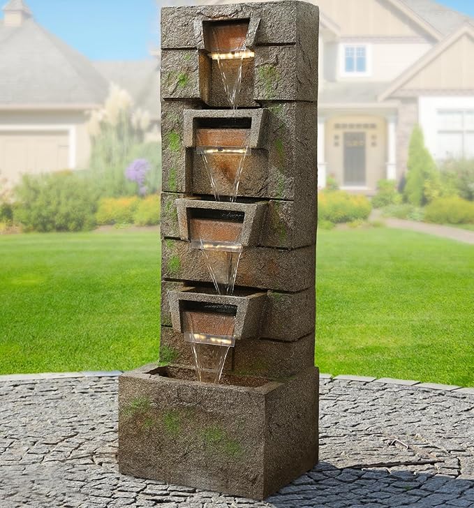 41.1" Outdoor Water Fountains Modern Fountain with LED Lights with Water Pump 4 Tier Floor Standing Outdoor Waterfall Fountain for Garden, Yard, Home Decor, Patio, Yellow